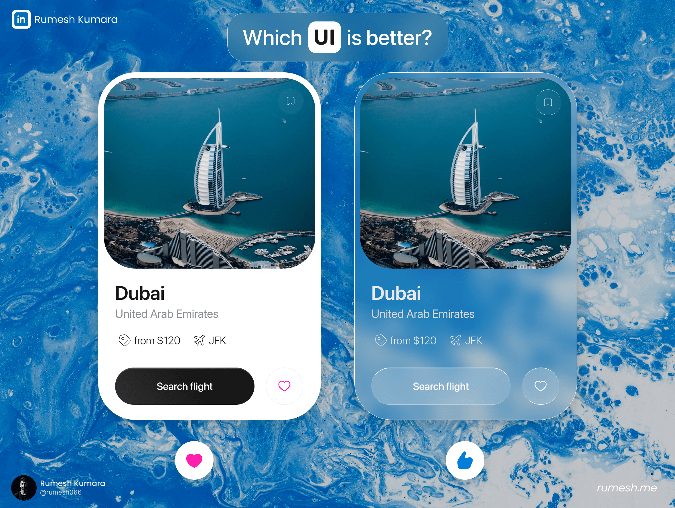 Comparison of solid and glassmorphism travel card UI